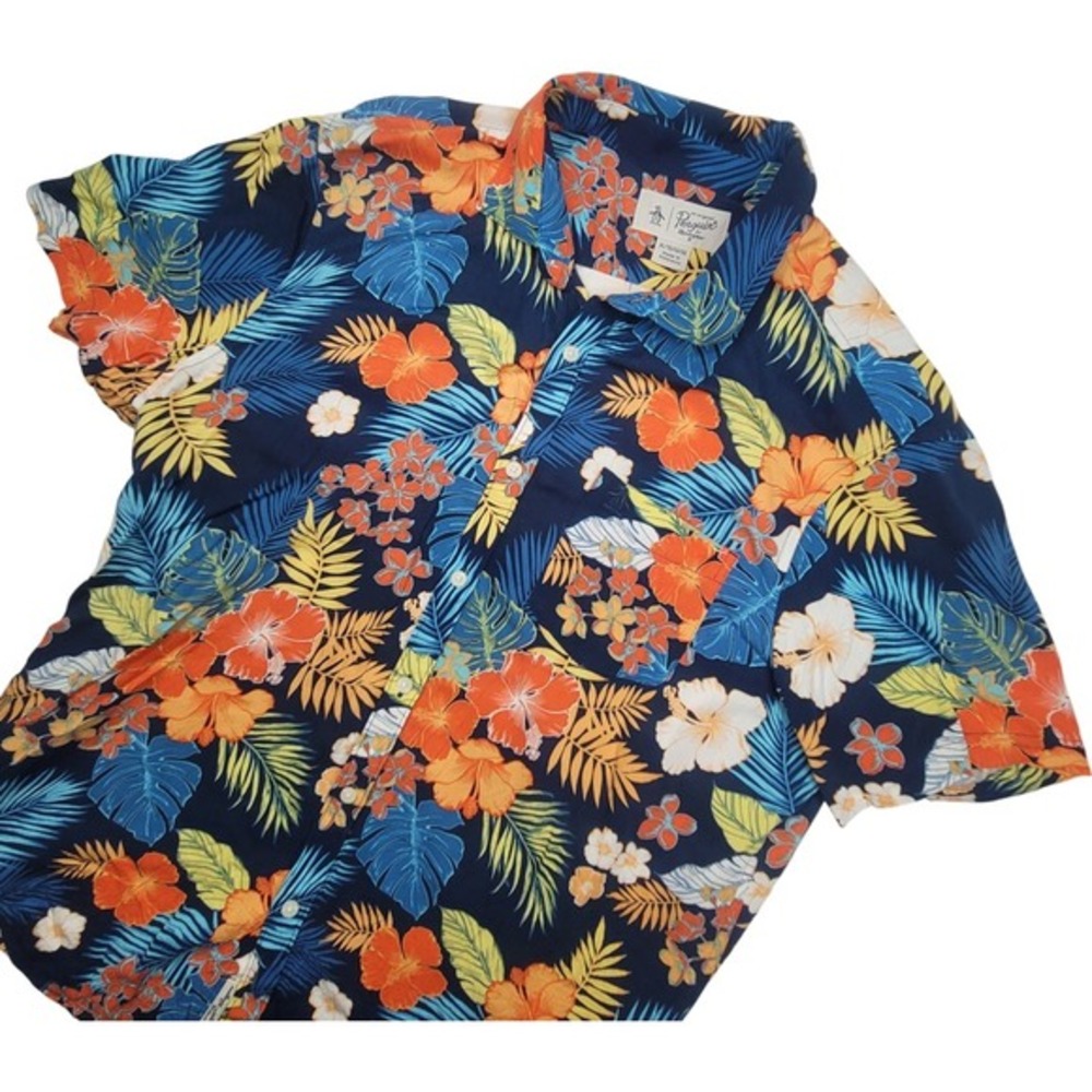 Penguin Men's Hawaiian Shirt Rayon Viscose Fabric Floral Blue XL